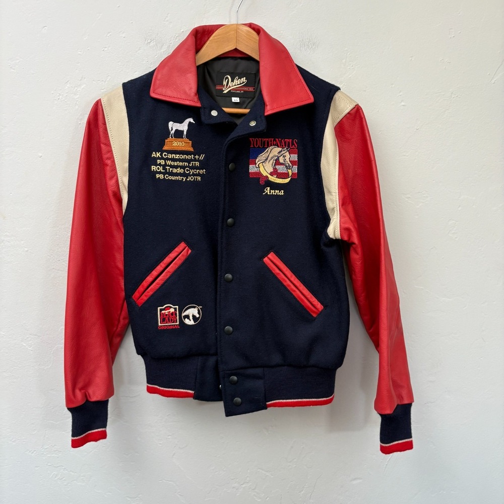 Dehen Varsity Jacket Women Size XS Red Blue Equestrian Horse Embroidered Leather